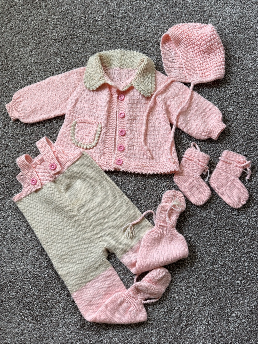 Hand Knit Baby Outfit Set | 4-Piece | Pink & Cream | Handmade | 9-18M